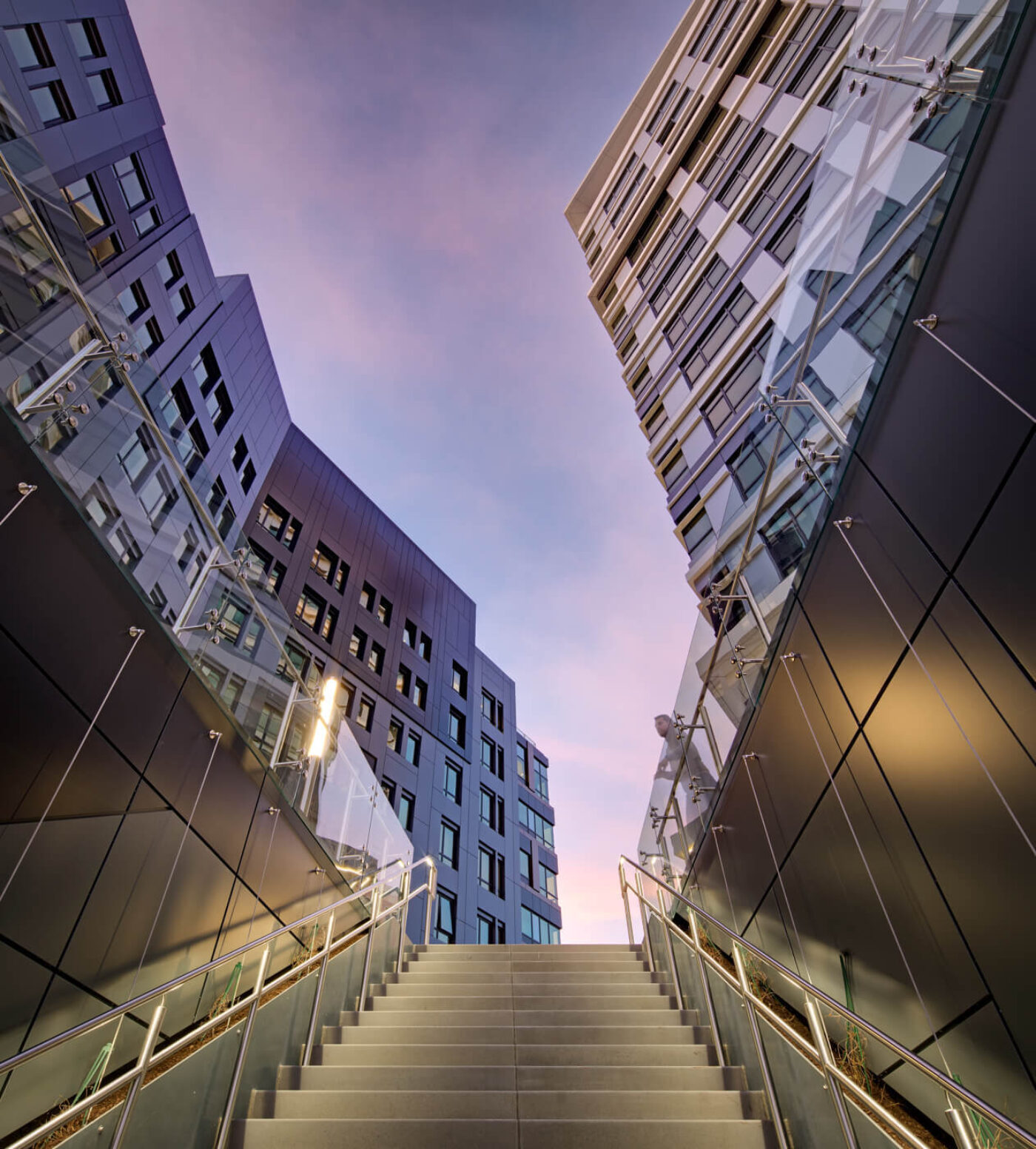 Stairs leading up to courtyard between buildings