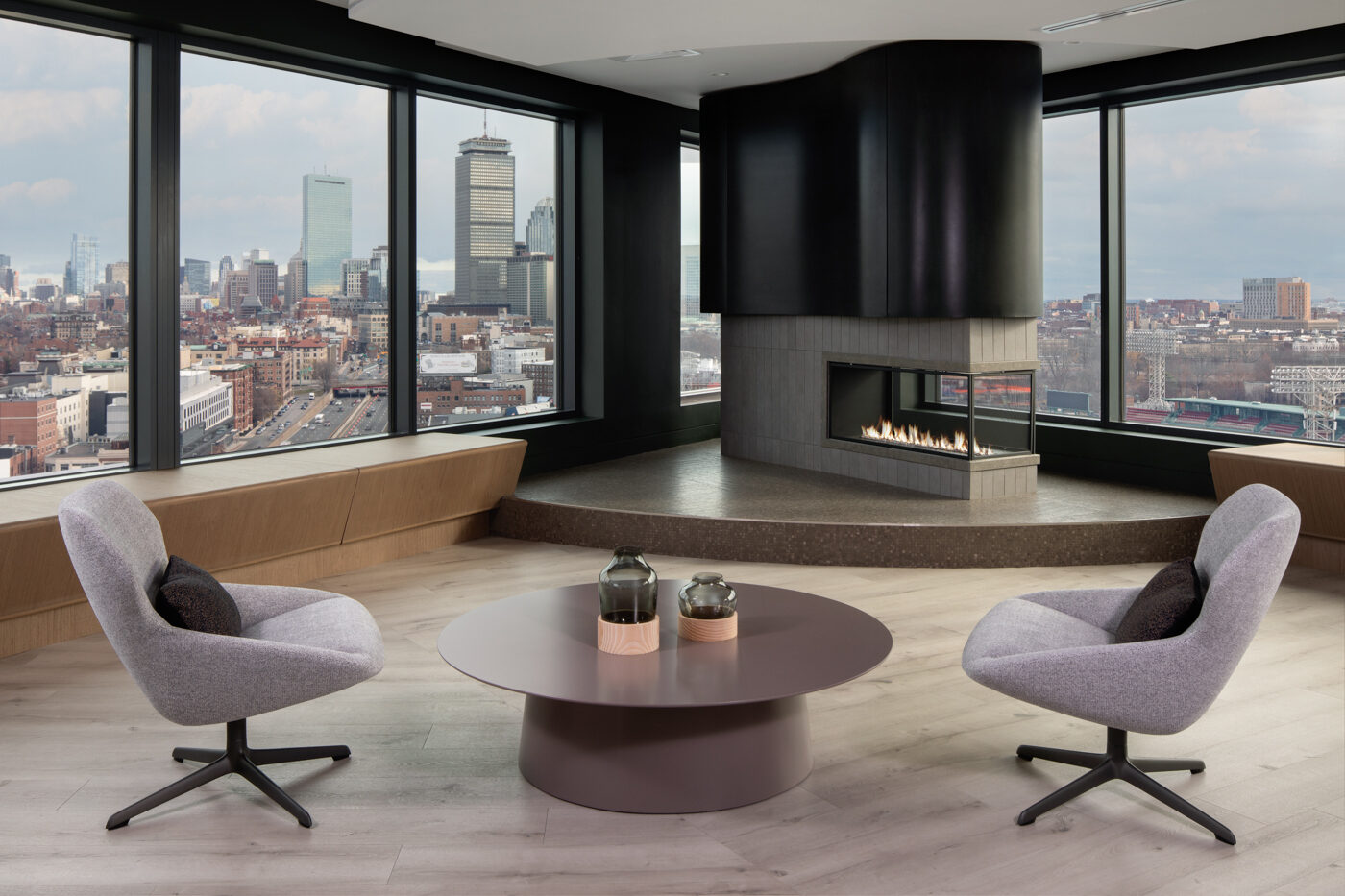 top floor indoor lounge with expansive views of downtown Boston