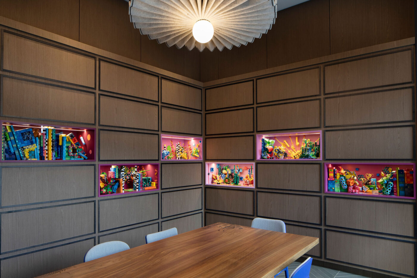 Nathalie Miebach artwork in walls of amenity library room