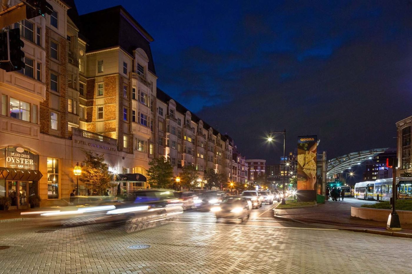Kenmore Square and T stop at night.