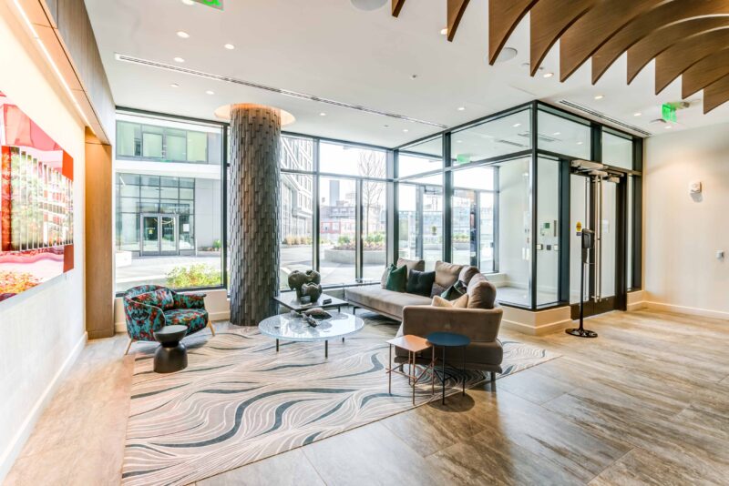 Lobby in building 1 with seating and art