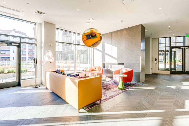 Lobby with soft seating and natural light